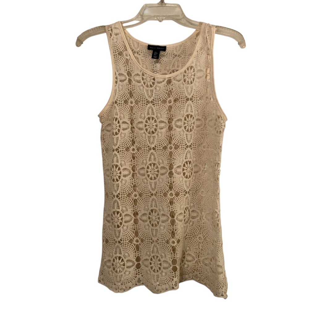 Cream Crochet Long Tank Top with Floral Pattern Size S Boho Festival Cottage